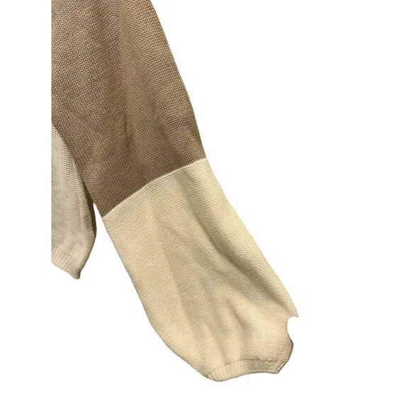 🍒 2/$20 🍒 Tan and Ivory Color Block Sweater with Balloon Sleeves sz Small - Picture 6 of 6